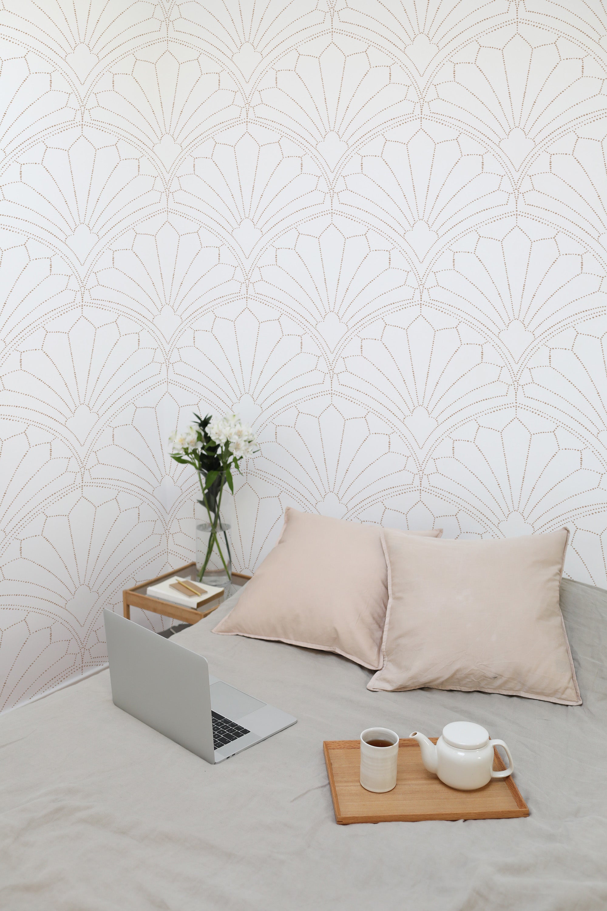 Self-adhesive minimalist arch wallpaper with a subtle geometric pattern of repeating arches in soft, muted tones on a light background.
