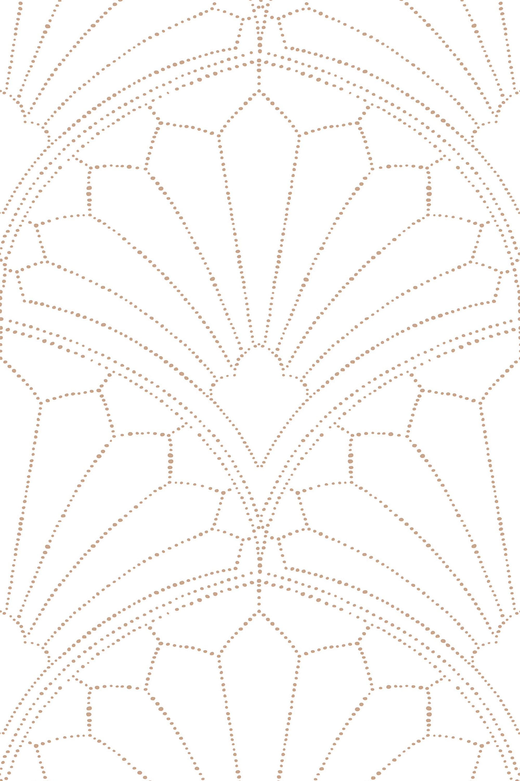 Art deco-inspired arches with dotted lines form a symmetrical pattern in a pale beige color on a white background. Peel and stick removable wallpaper.