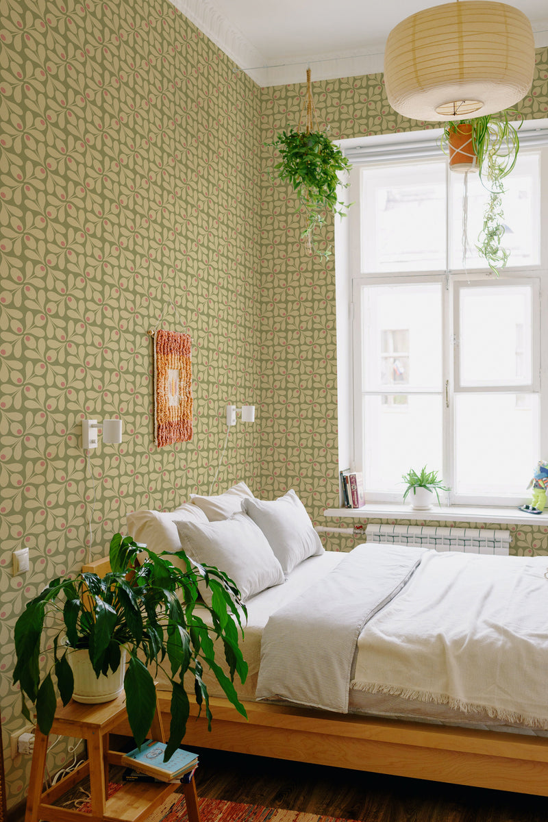 stick and peel wallpaper green 60s pattern pattern bedroom boho wall decor green plants