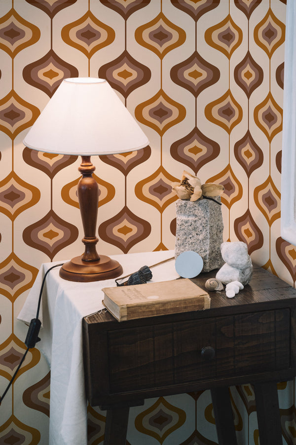 peel and stick wallpaper brown 70s wallpaper pattern accent wall bedroom nightstand interior