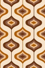 A retro wallpaper pattern with curved, overlapping shapes in various shades of brown, tan, and beige on a cream background, reminiscent of 1970s design. Peel and stick removable wallpaper.