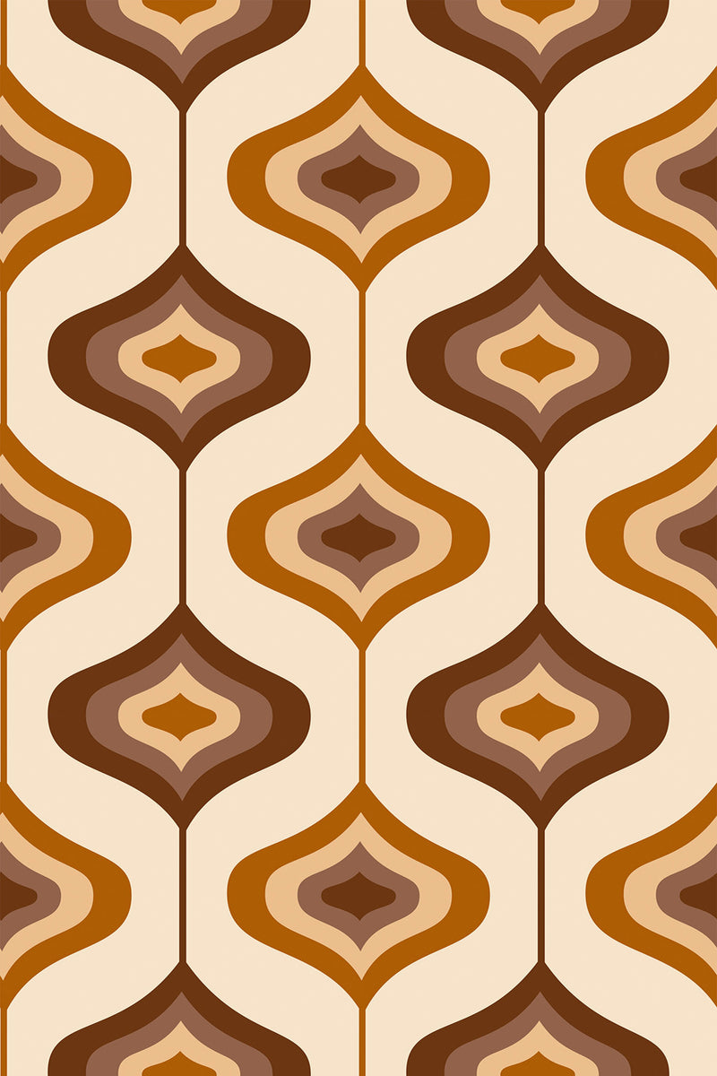 A retro wallpaper pattern with curved, overlapping shapes in various shades of brown, tan, and beige on a cream background, reminiscent of 1970s design. Peel and stick removable wallpaper.