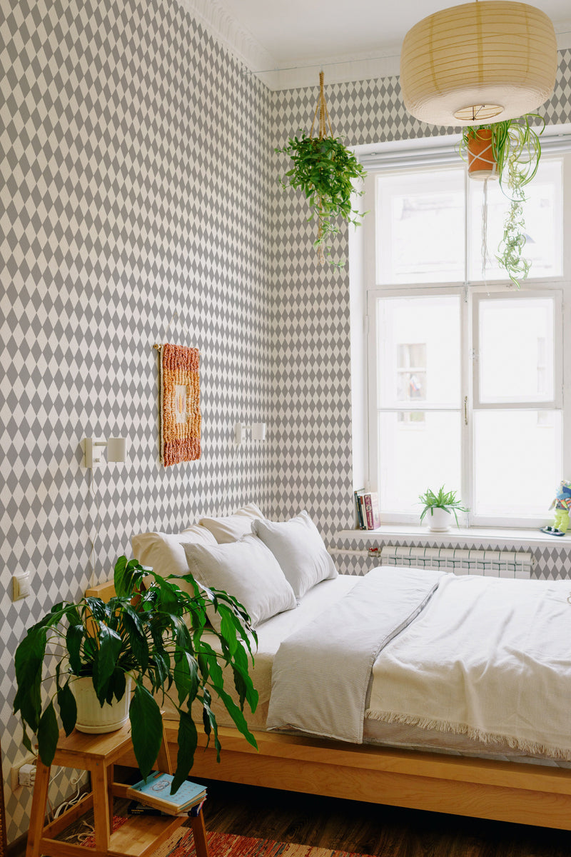 stick and peel wallpaper gray argyle pattern bedroom boho wall decor green plants