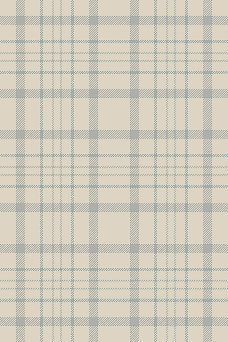 A repeating tartan pattern with intersecting horizontal and vertical lines in muted neutral tones of gray and beige. The lines create a grid-like design typical of traditional Scottish plaid. Peel and stick removable wallpaper.