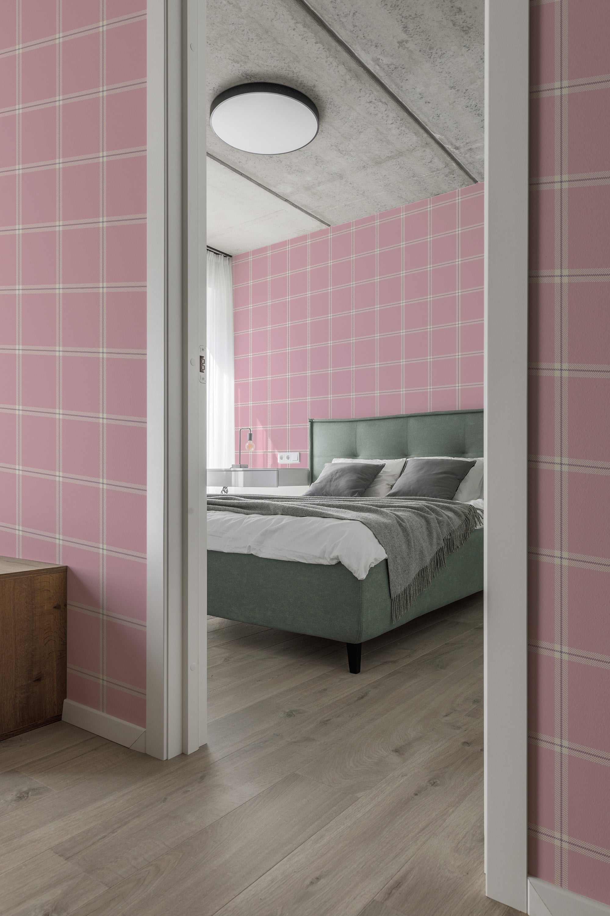 Pink plaid wallpaper with a simple grid pattern of white lines on a soft pink background, evoking a classic and cozy feel, traditional wallpaper.