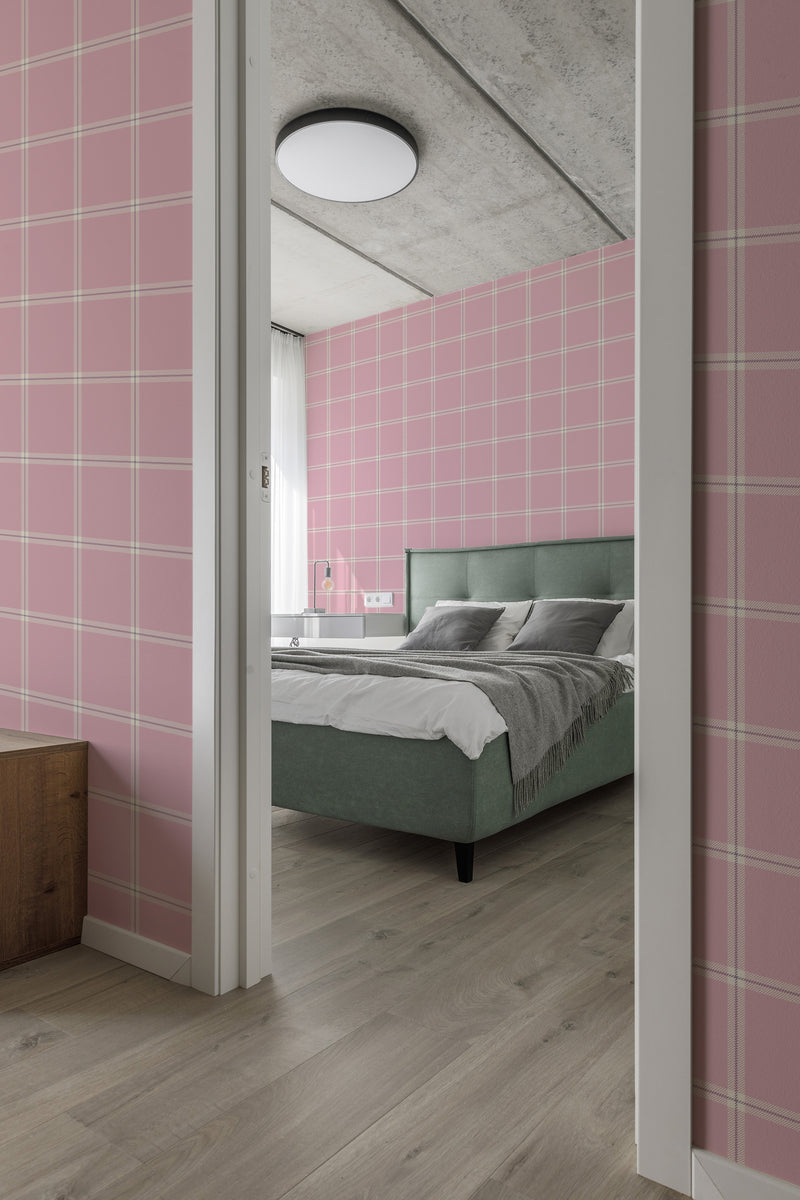modern bedroom cushions concrete ceiling pink plaid accent wall