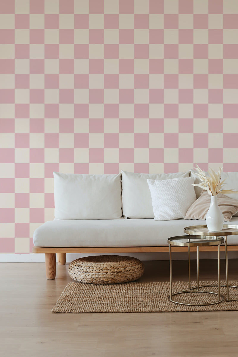 self stick wallpaper pink check pattern living room elegant sofa coffee table