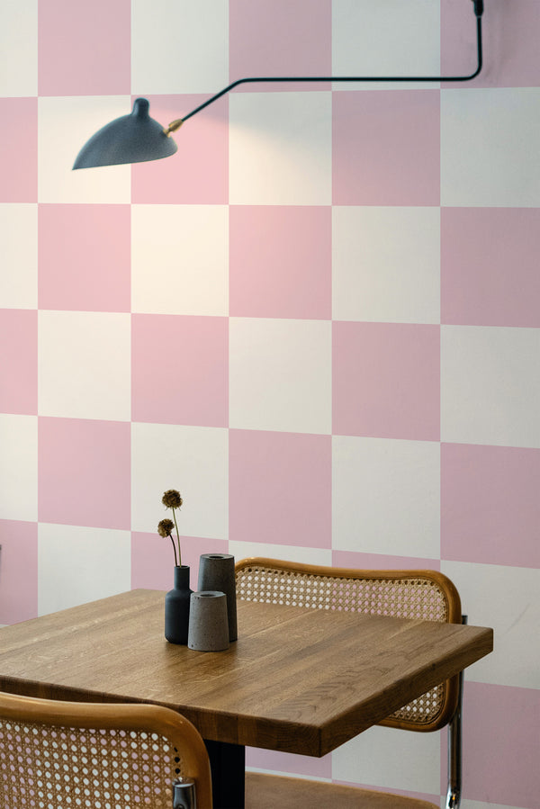 wooden dining table rattan chairs pink check peel and stick wallpaper