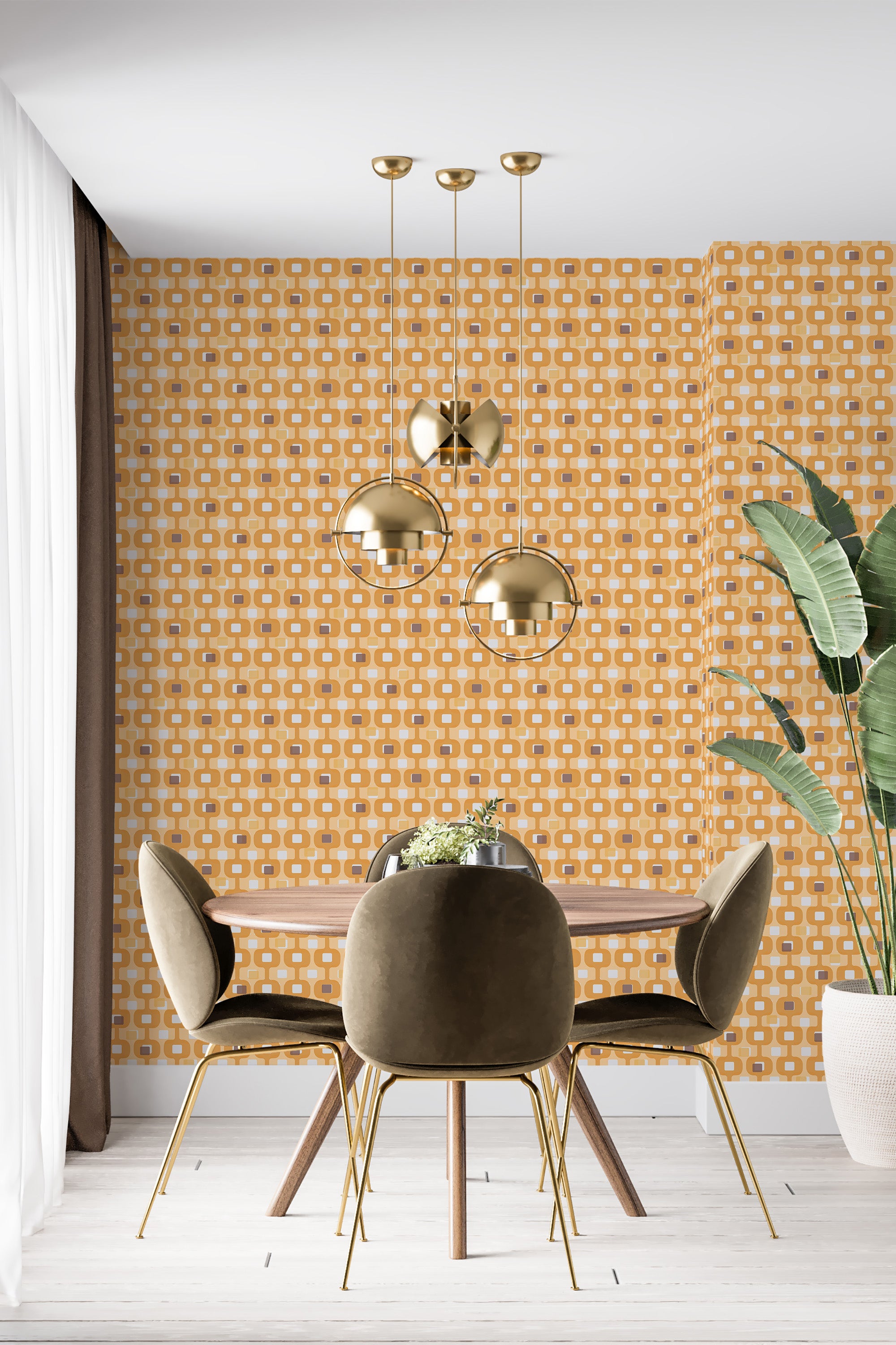 A wall covered in yellow mid-century style wallpaper with a geometric pattern of interlocking circles and squares, adding a retro feel to the room. Traditional wallpaper.