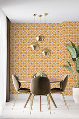 modern dining area velour chair plant yellow mid-century accent wall