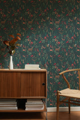 traditional wallpaper dark green forest pattern accent wall sophisticated living room interior