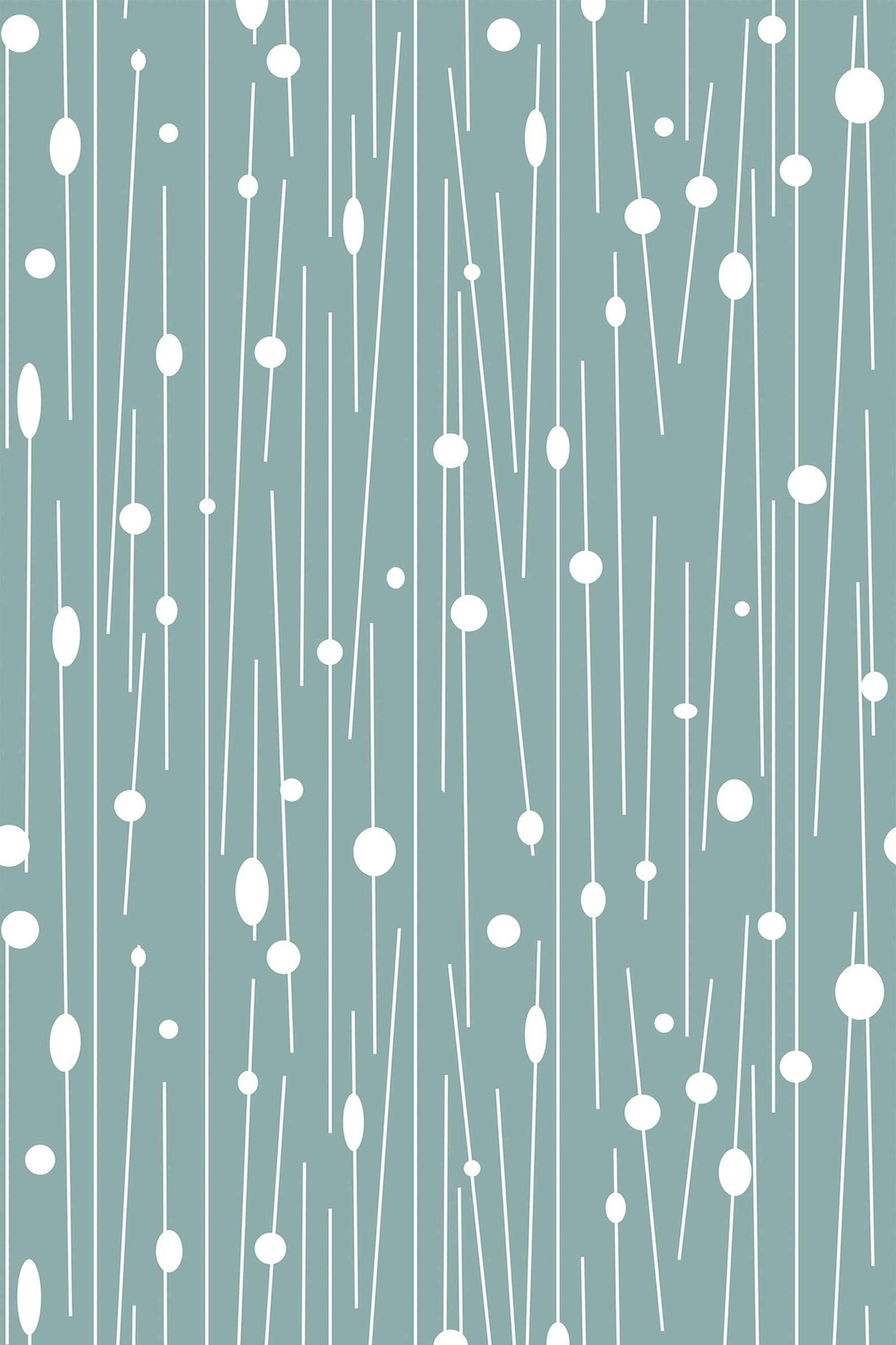 White, vertical lines of varying lengths with round dots and oval shapes scattered on a muted teal background, creating a minimalist and modern pattern. Peel and stick removable wallpaper.