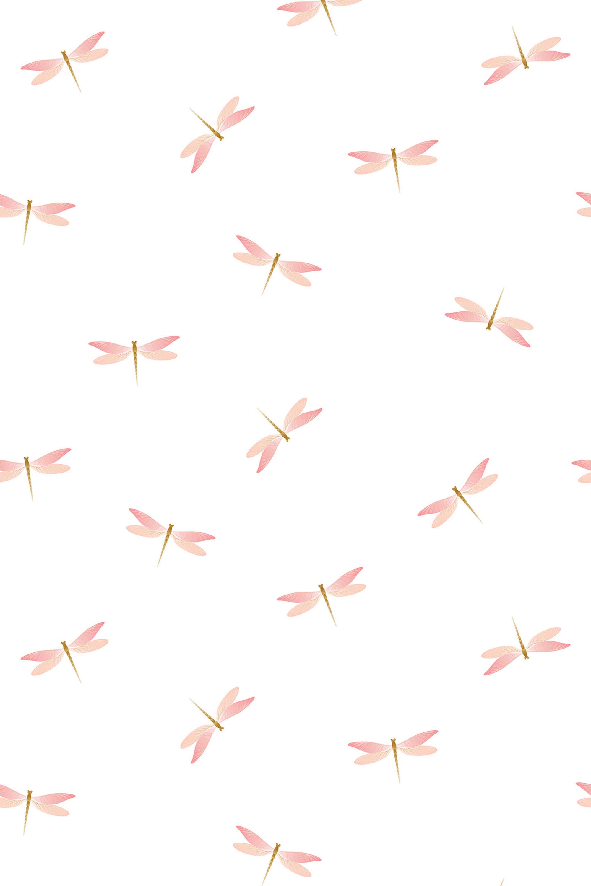 Pink dragonfly design on a white background with delicate dragonflies in soft pink tones evenly spaced throughout. Peel and stick removable wallpaper.