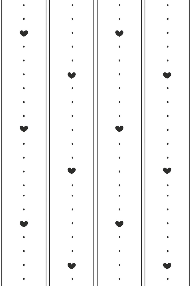 Vertical lines adorned with small black hearts and dots repeat against a white background, creating a simple, elegant pattern. Peel and stick removable wallpaper.