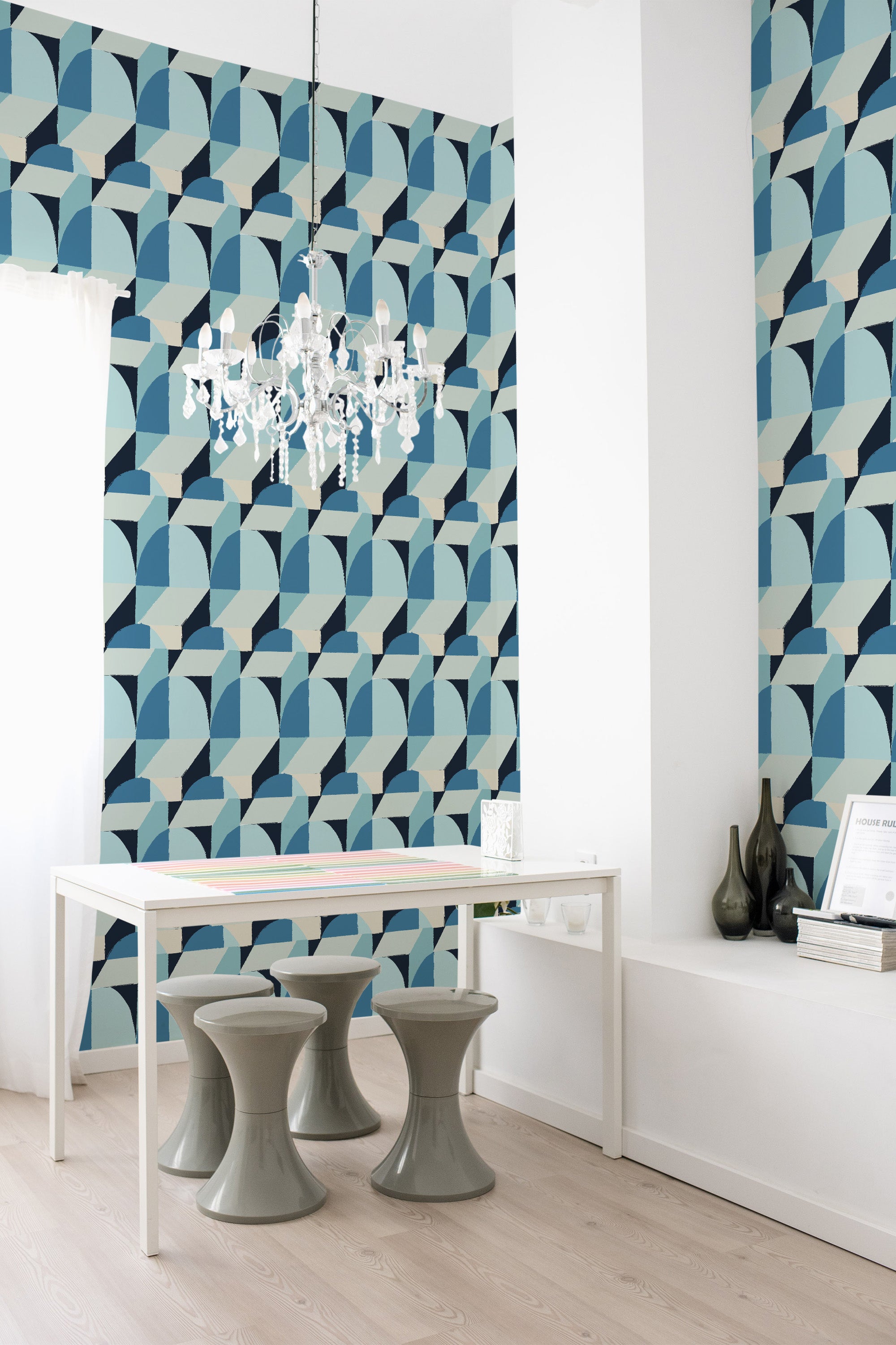 A room with a Blue abstract cubes design wallpaper on the walls, characterized by geometric patterns in shades of blue, gray, and beige. Traditional wallpaper.