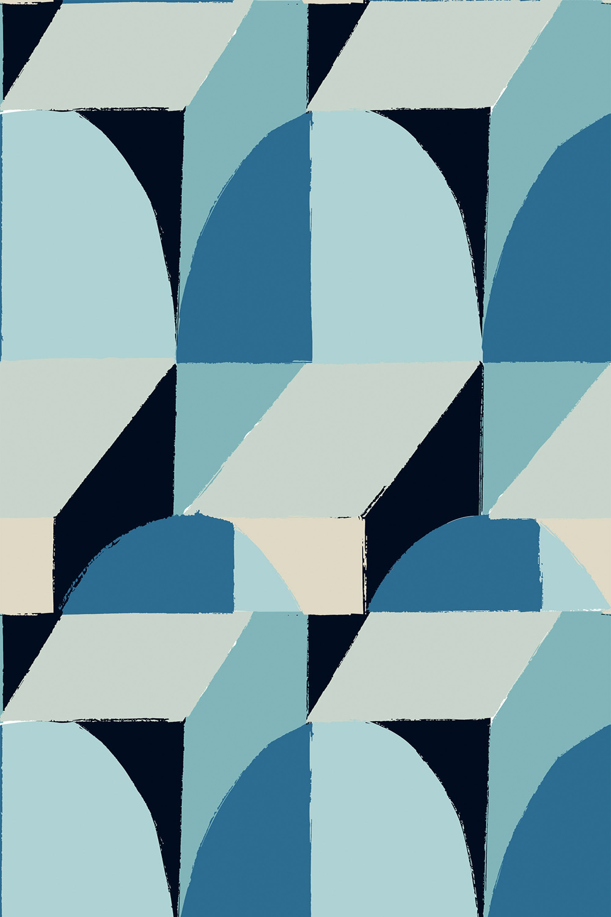 Geometric pattern with a mix of overlapping blue, navy, and beige cubes, arches, and triangles with a textured finish. Peel and stick removable wallpaper.