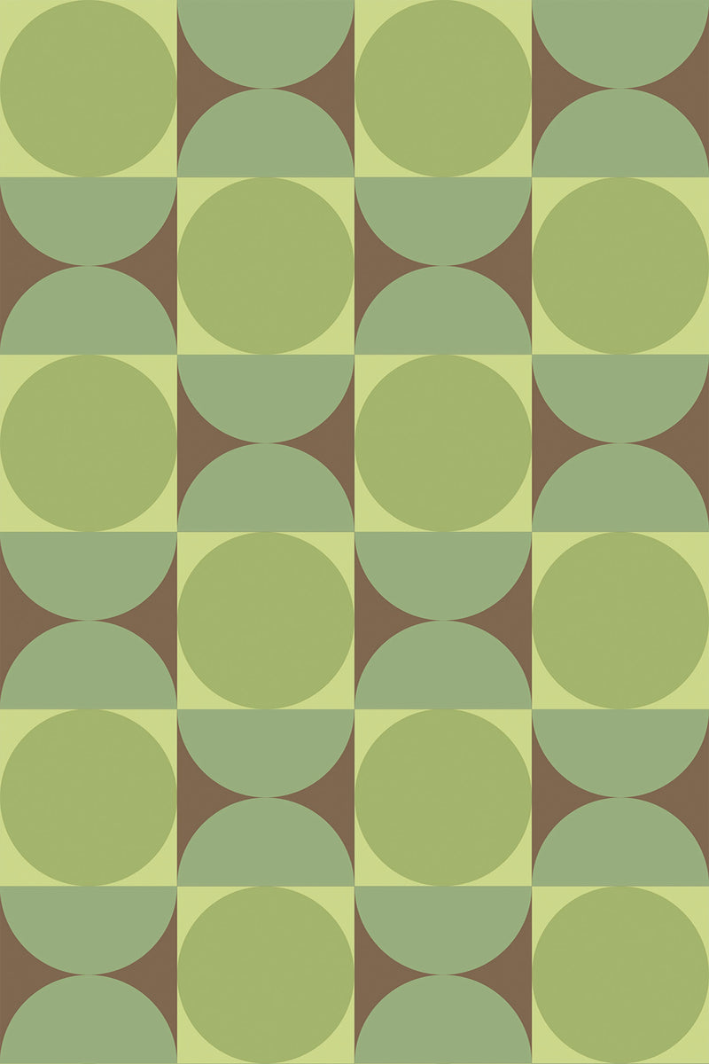 Green overlapping geometric circles with alternating green and brown quarter-circle shapes forming a pattern. Peel and stick removable wallpaper.