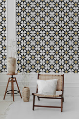 modern living room rattan chair decorative vase black star tile pattern
