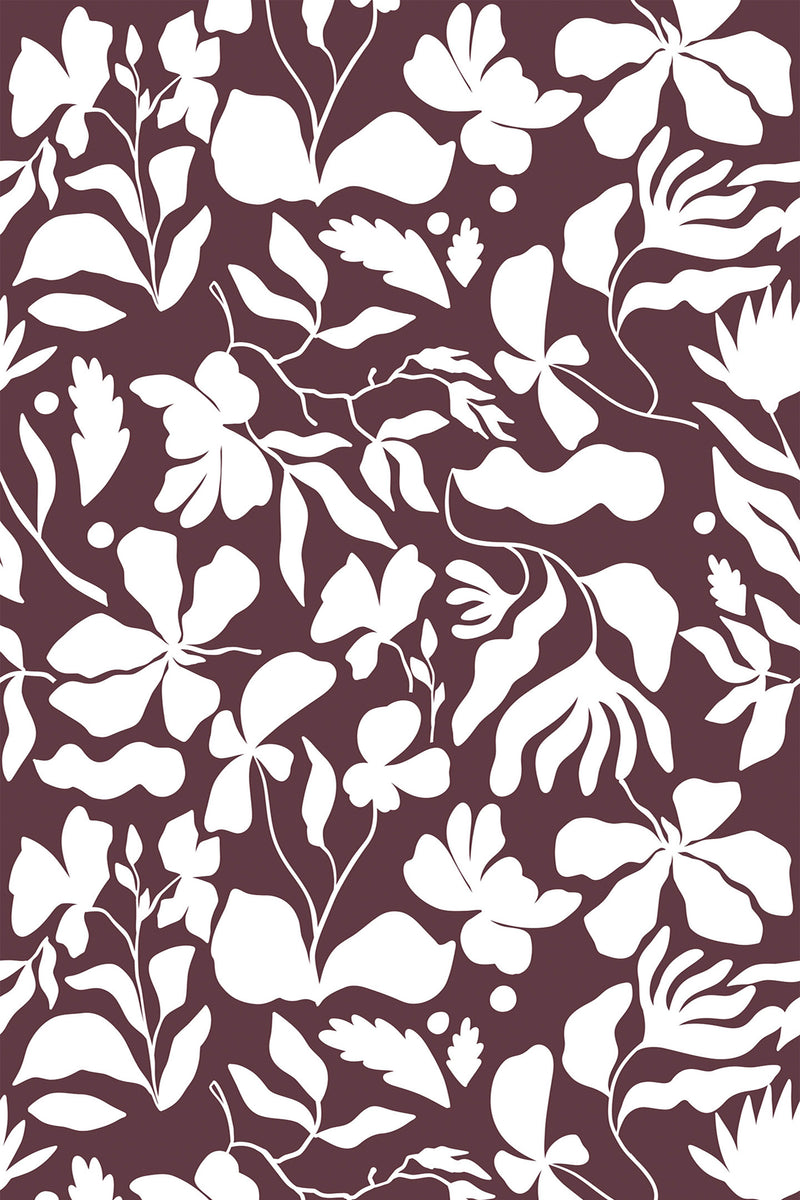 Floral pattern with white botanical silhouettes of leaves and flowers on a rich burgundy background, peel and stick removable wallpaper.