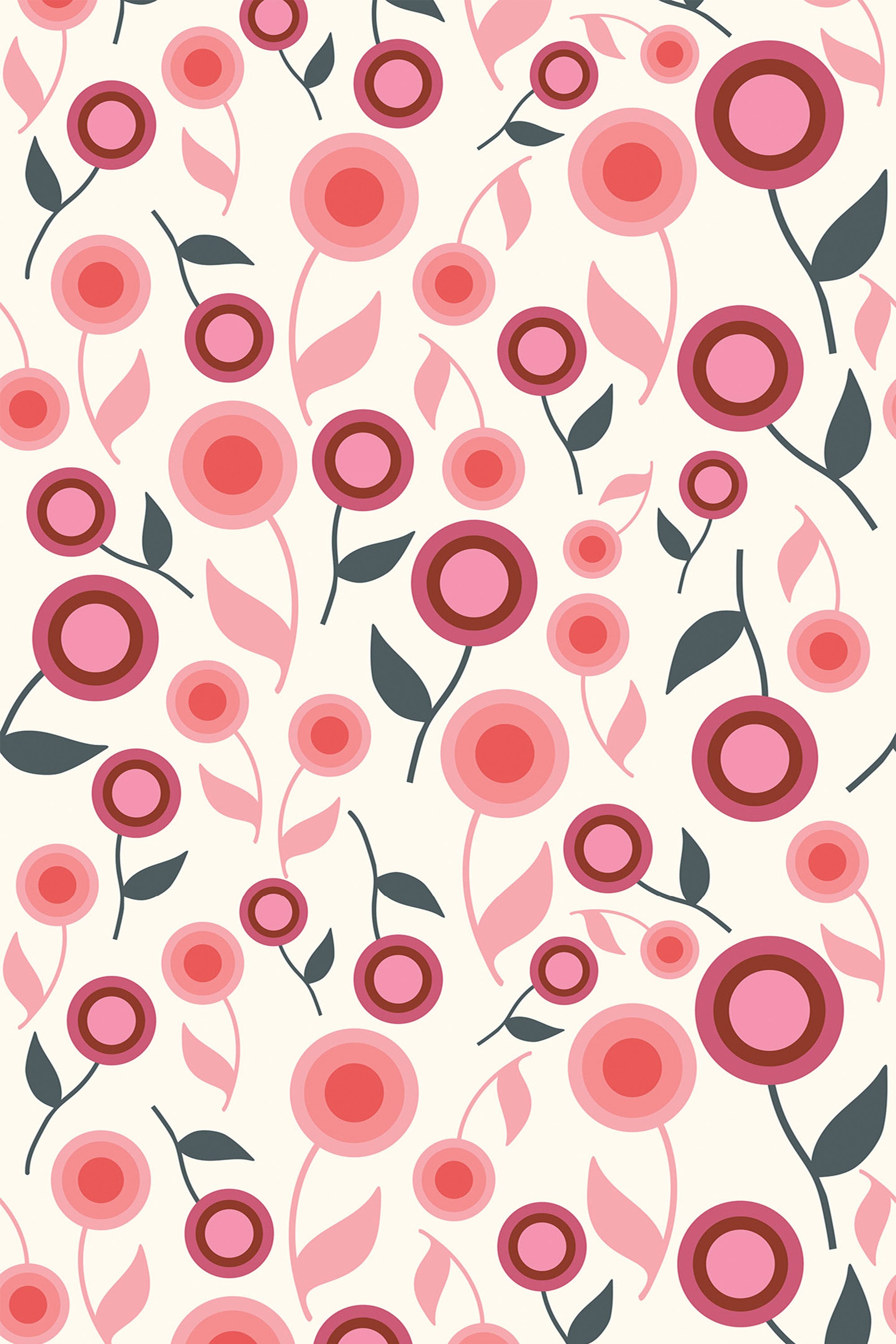 Patterned wallpaper with pink and red circular, abstract flowers, accompanied by stylized green leaves and stems on a light cream background, peel and stick removable wallpaper.