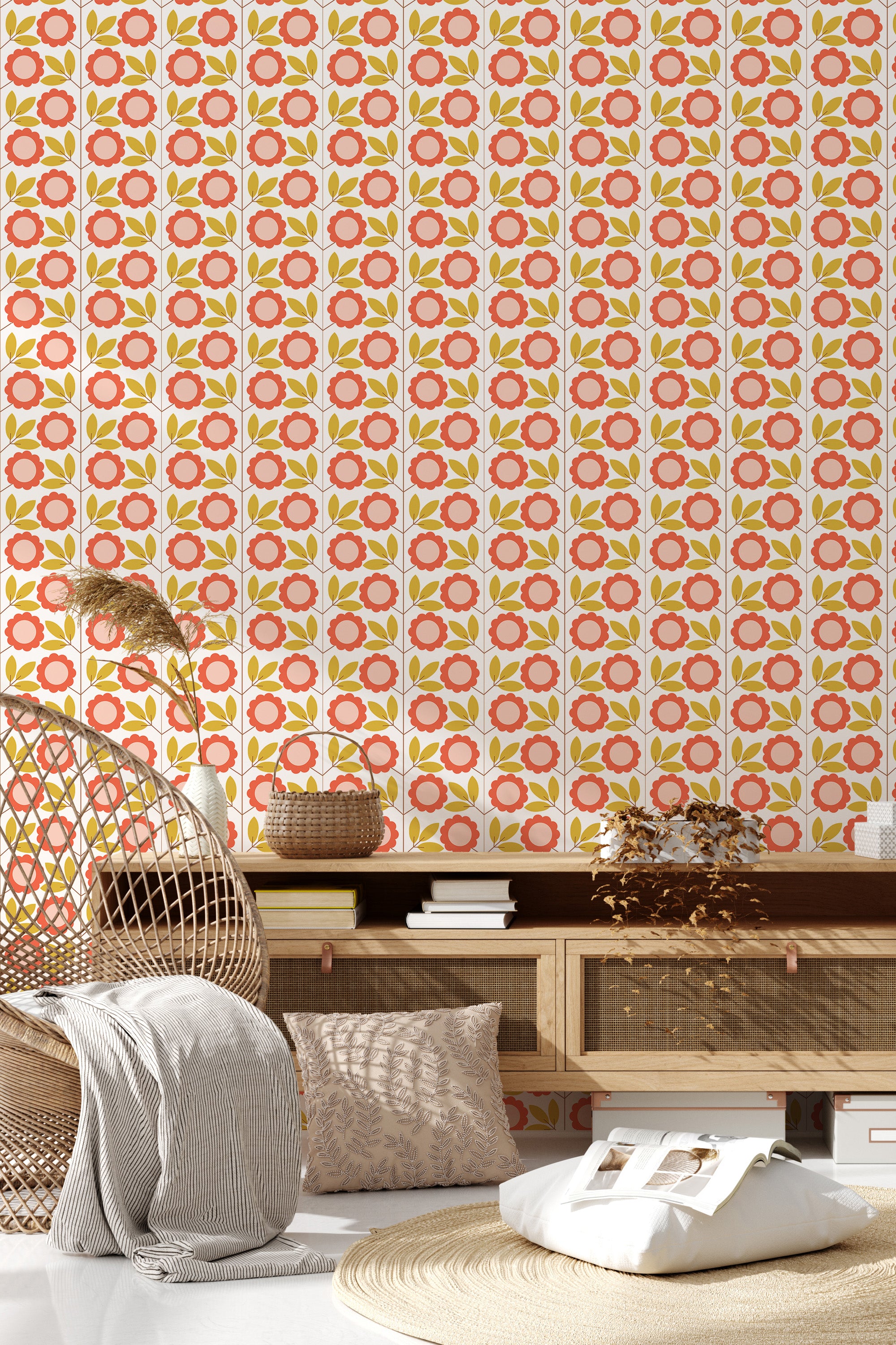 The wallpaper design combines circular and geometric patterns in vibrant shades of orange, red, and green, set against a white background for a lively appearance, offering a refreshing take on traditional wallpaper.