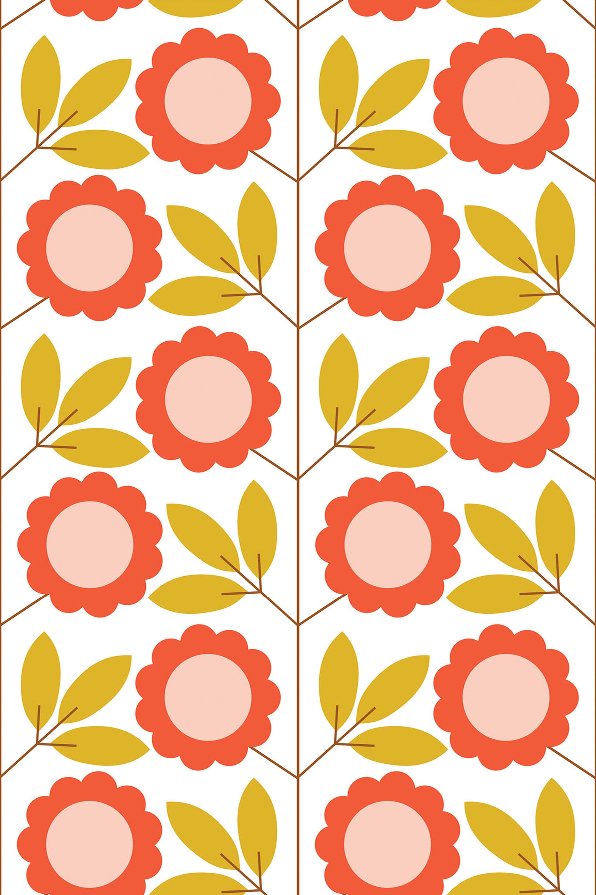 Vibrant, retro-inspired floral design with bold pink and orange flowers surrounded by yellow and green leaves on a white background. Peel and stick removable wallpaper.