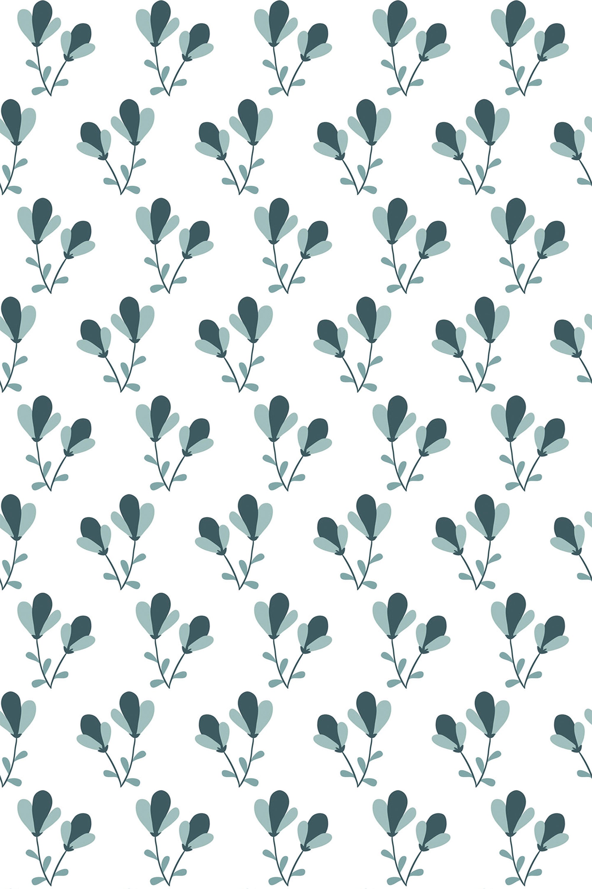 Teal Scandinavian flowers with simple, minimalist floral patterns on a white background, arranged in a repeating design. Peel and stick removable wallpaper.