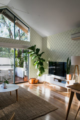 minimalist house terrace green plants living room earthy scandinavian leaf stick and peel wallpaper
