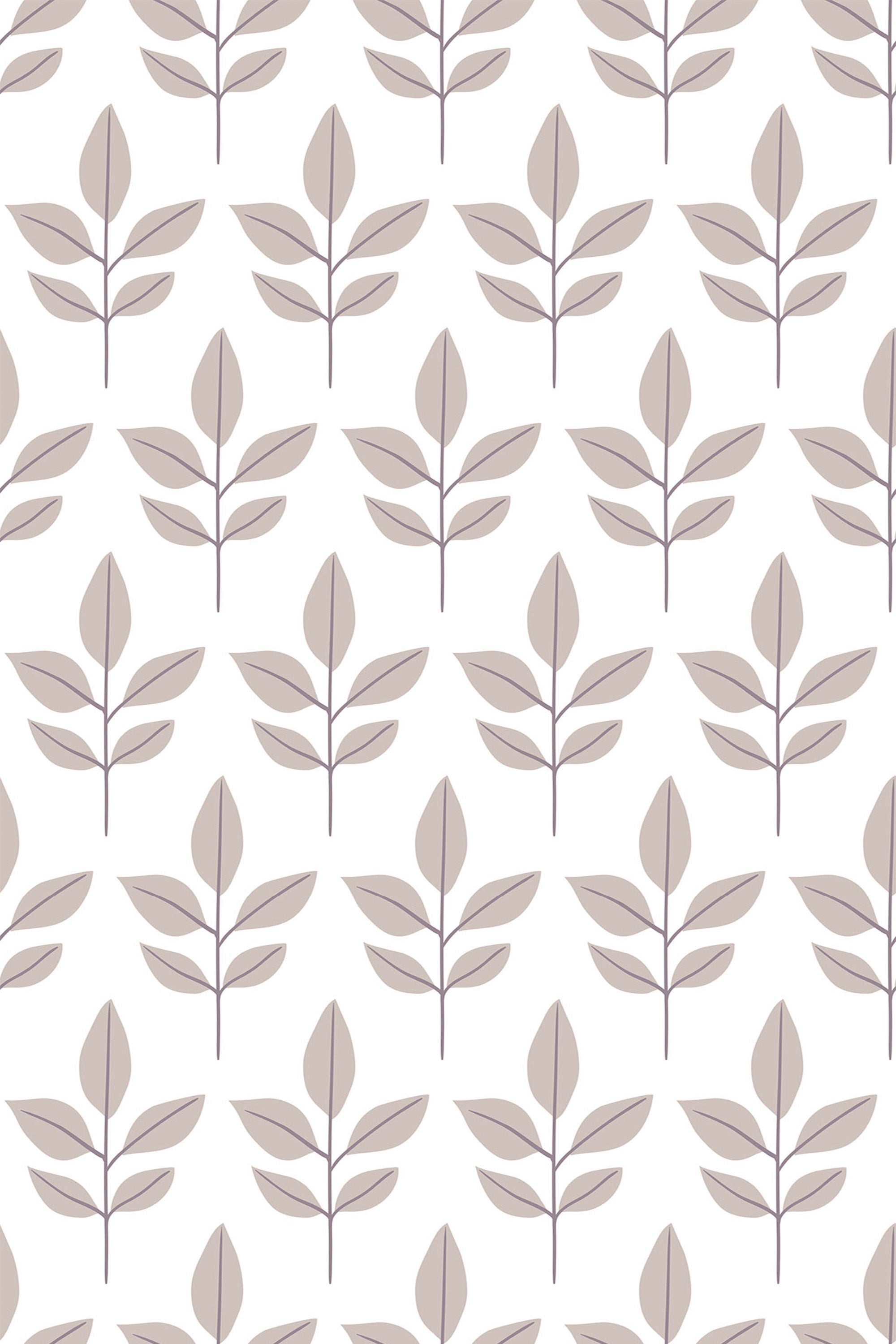 A minimalist Scandi leaf pattern with alternating light and dark beige leaves on slender stems set against a white background, peel and stick removable wallpaper.