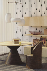 Wallpaper with an F1 stripes design in black and white, stretching vertically across the wall, drawing inspiration from motorsport aesthetics. The design has a repetitive pattern that resembles the elements of a racing track, giving the space a dynamic yet minimalist vibe. Traditional wallpaper.