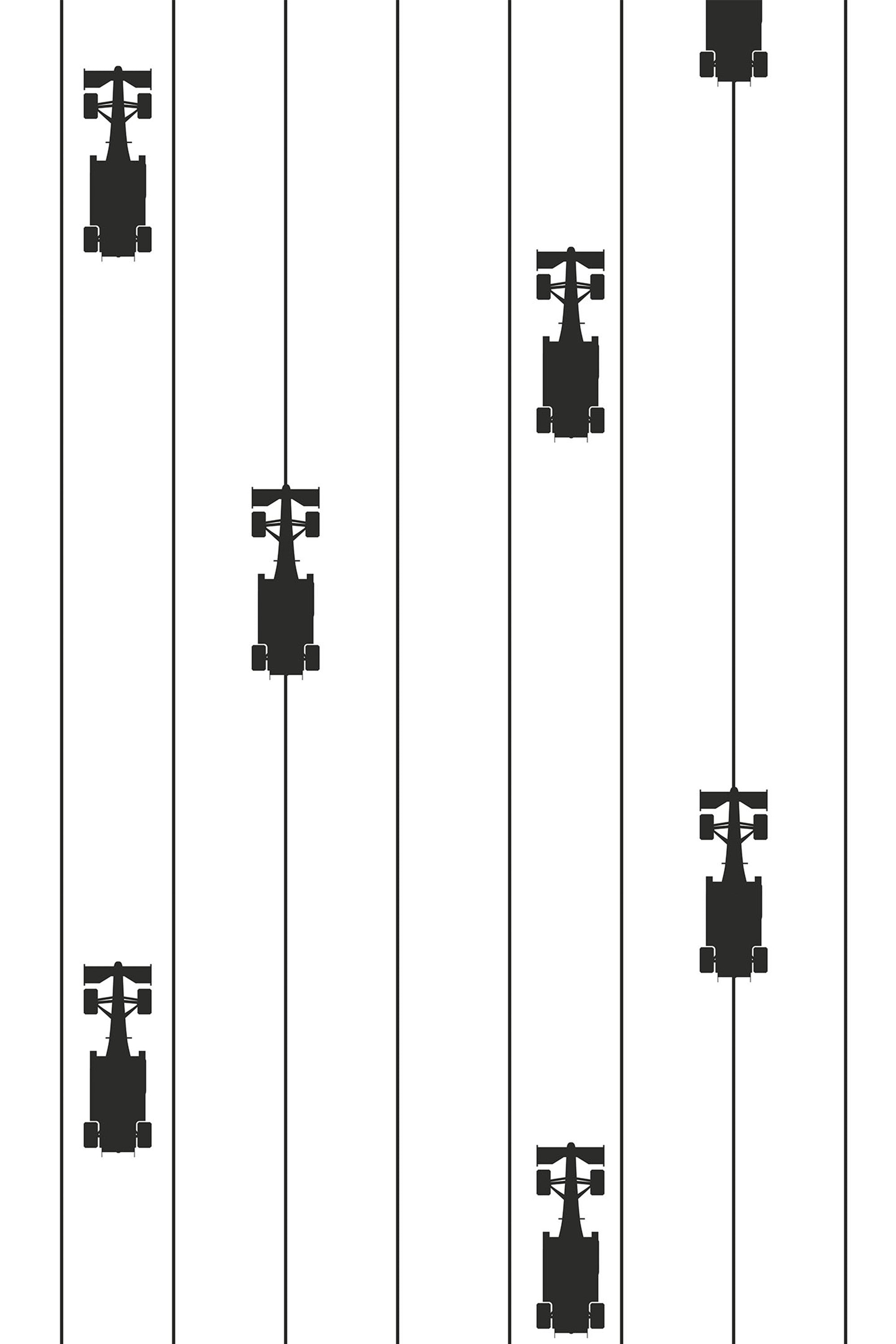 Black Formula 1 car silhouettes aligned in vertical stripes on a white background, evenly spaced in rows. The design mimics racing stripes with a minimalist, sporty aesthetic. Peel and stick removable wallpaper.