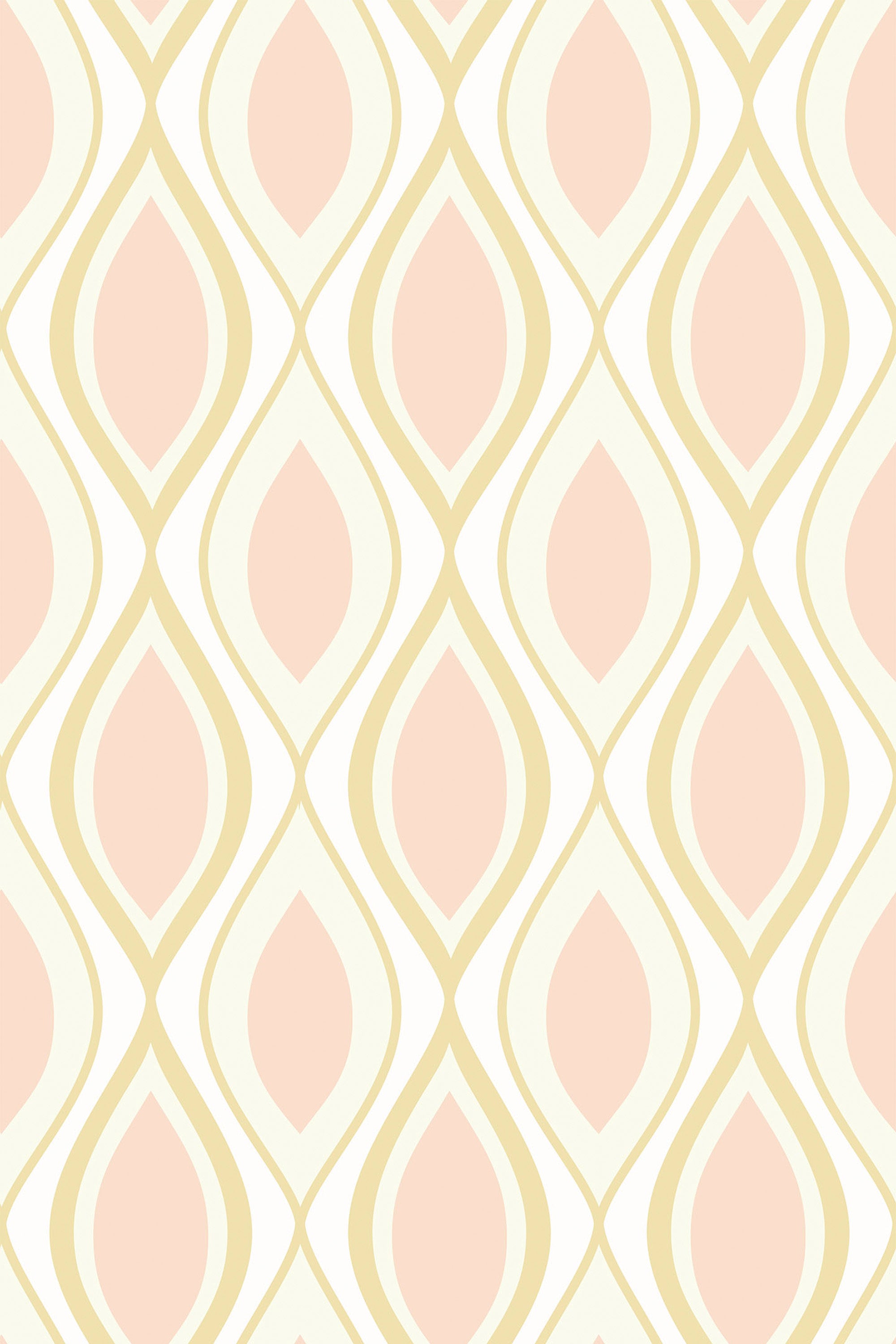 Repeating pattern of pale pink teardrop shapes inside yellow and white oval designs on a light background, peel and stick removable wallpaper.