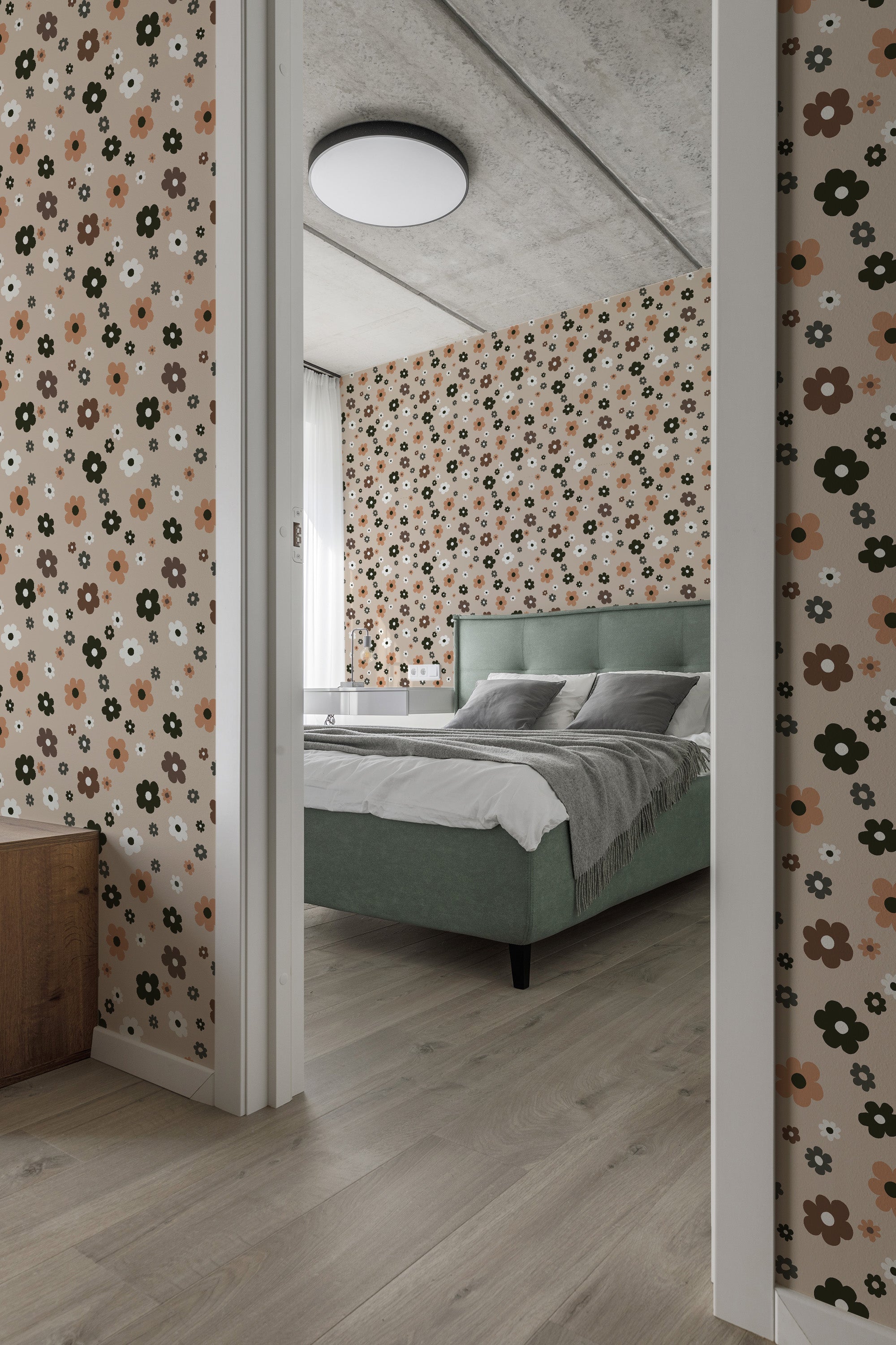 Room with beige 70s retro wallpaper adorned with geometric flower patterns in shades of green, brown, and orange, creating a vintage aesthetic on traditional wallpaper.