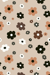 A beige 70s retro wallpaper with scattered large and small flower patterns in earthy tones of brown, white, olive green, and black. Peel and stick removable wallpaper.