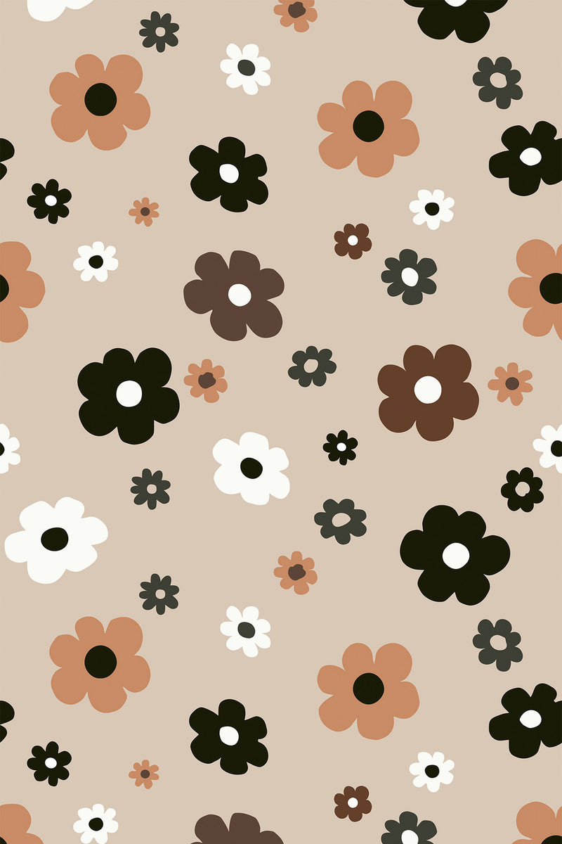 A beige 70s retro wallpaper with scattered large and small flower patterns in earthy tones of brown, white, olive green, and black. Peel and stick removable wallpaper.