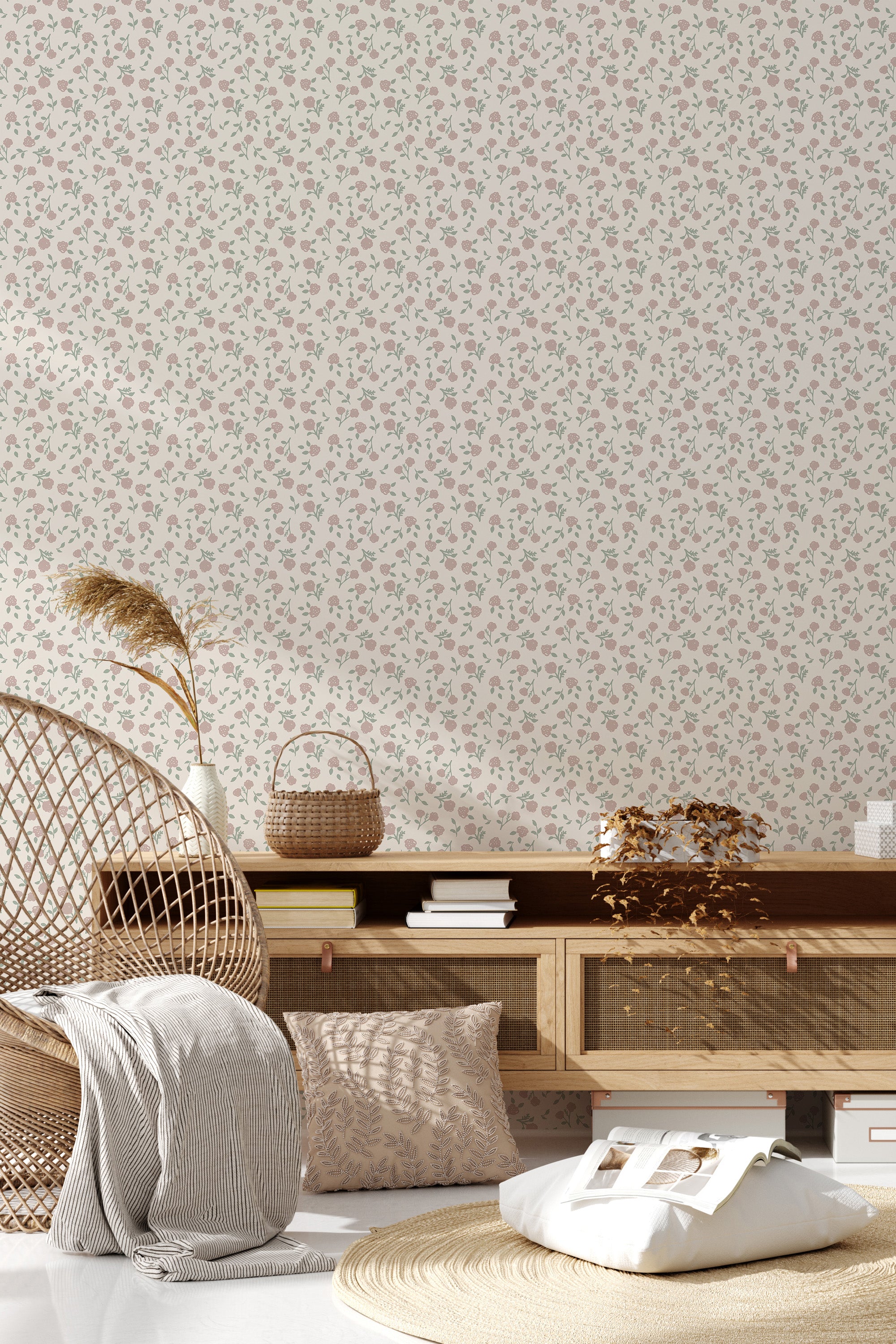 Delicate Scandinavian rose pattern with small pink and beige roses on light, neutral-toned background. Traditional wallpaper.
