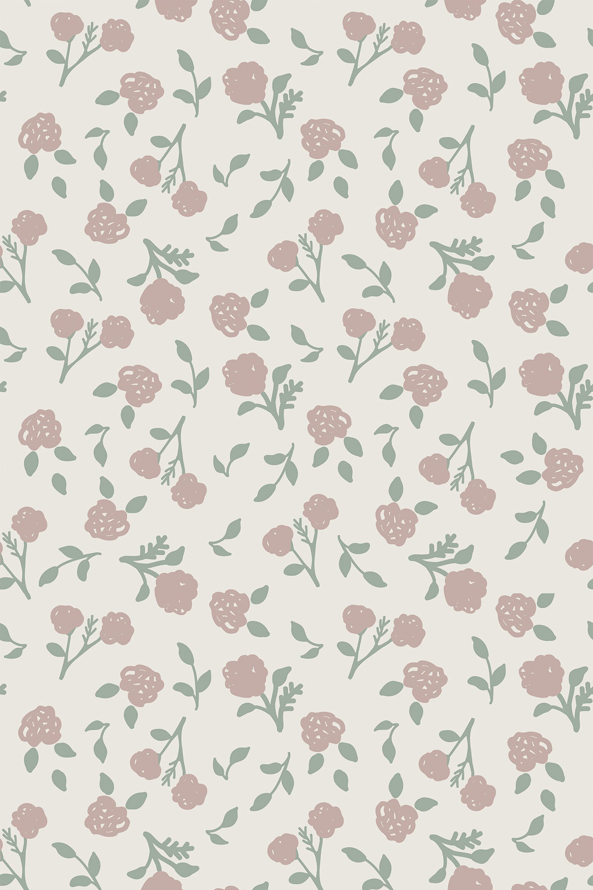 Scandinavian rose pattern with soft pink flowers and green leaves on a light cream background. Peel and stick removable wallpaper.