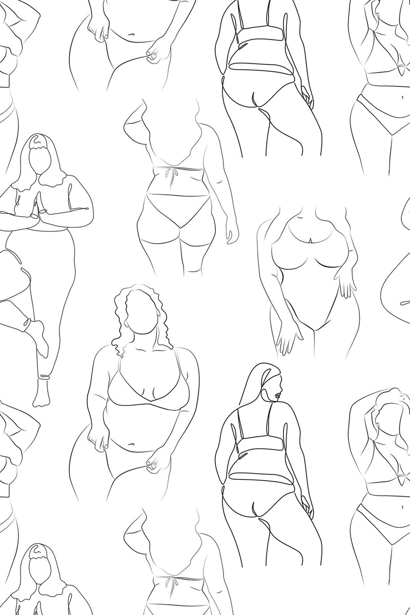 Continuous line art of diverse, curvy women's bodies in various poses. Minimalist, black lines on a white background. Peel and stick removable wallpaper.