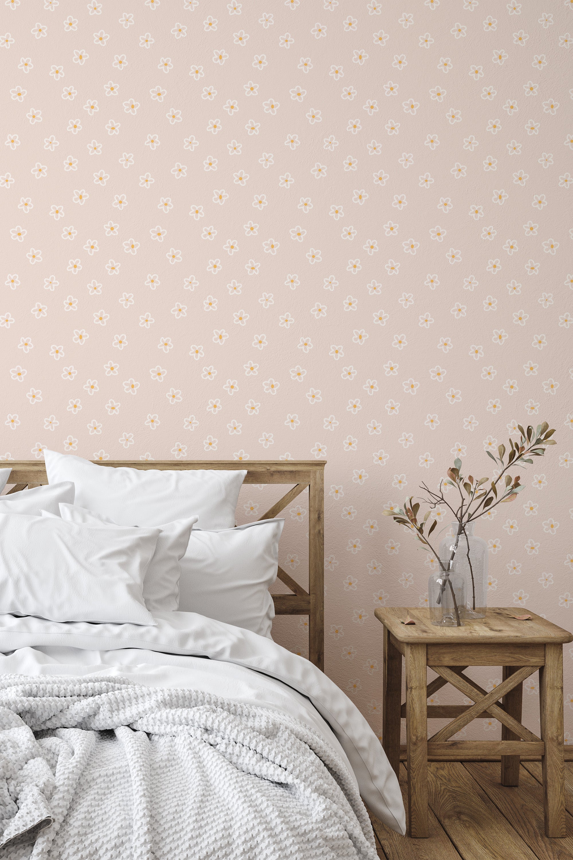 Self-adhesive wallpaper with a Spring daisy design in soft neutral tones, featuring delicate white and pale yellow flowers on a light beige background.
