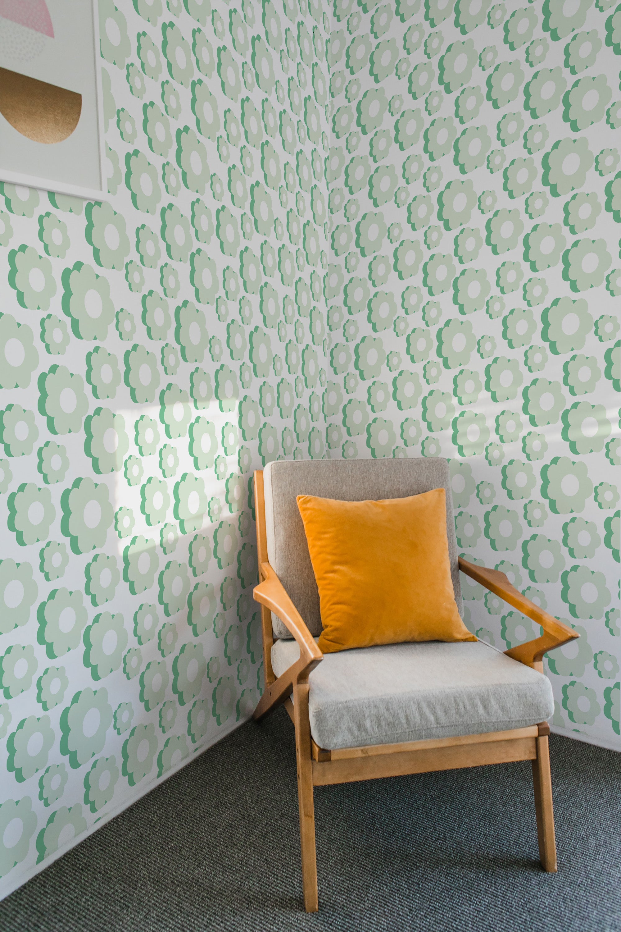 A room with a Green retro flower design wallpaper featuring repetitive green and white flower patterns, creating a vintage and traditional wallpaper.