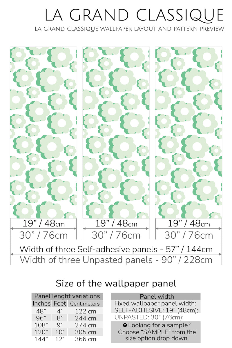 green retro flower peel and stick wallpaper specifiation