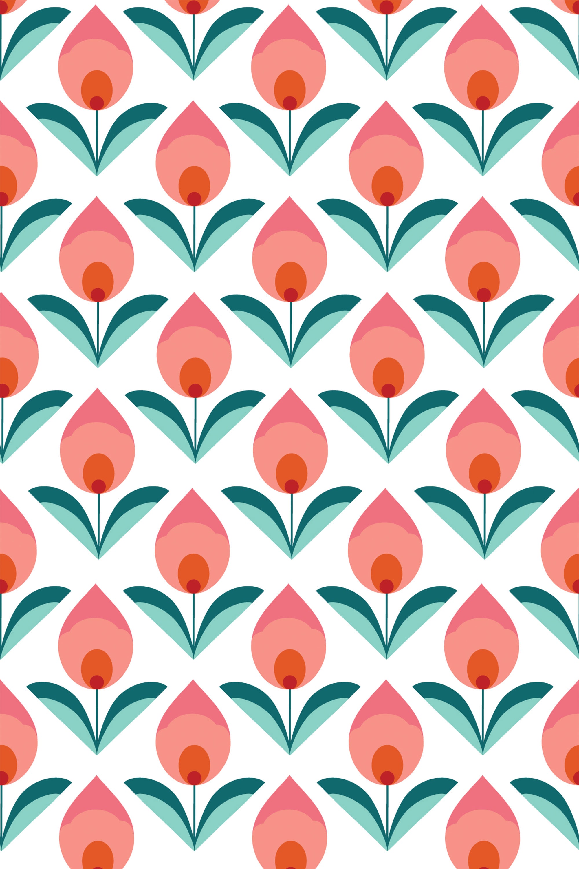 Pattern of stylized tulip-like flowers in shades of pink and orange with teal green stems and leaves, arranged in neat rows against a white background. Peel and stick removable wallpaper.
