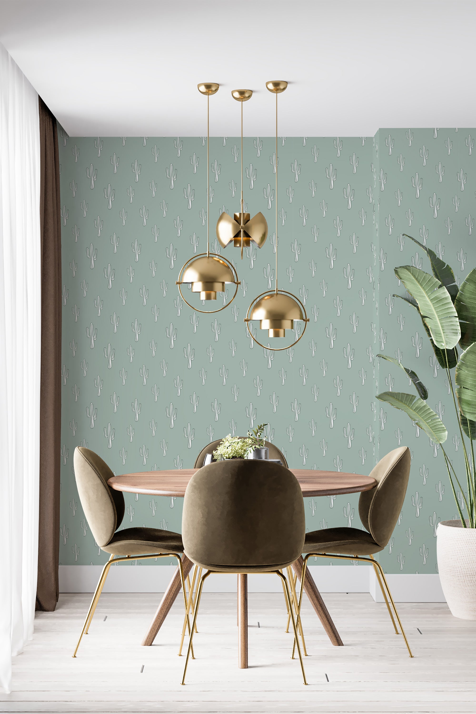 Green wallpaper adorned with a pattern of small, minimalist cactus illustrations. A subtle desert vibe fills the room with its muted green hue and delicate, repeating cactus motif, bringing nature indoors with this traditional wallpaper.