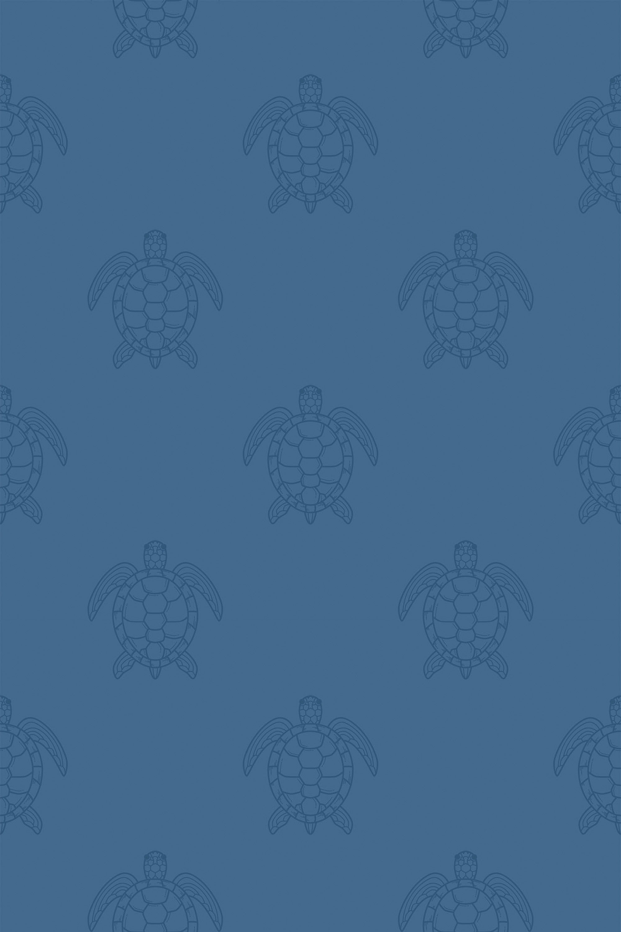 Blue wallpaper with a repeating pattern of simple, outlined turtles, creating a subtle, soothing marine theme. Peel and stick removable wallpaper.