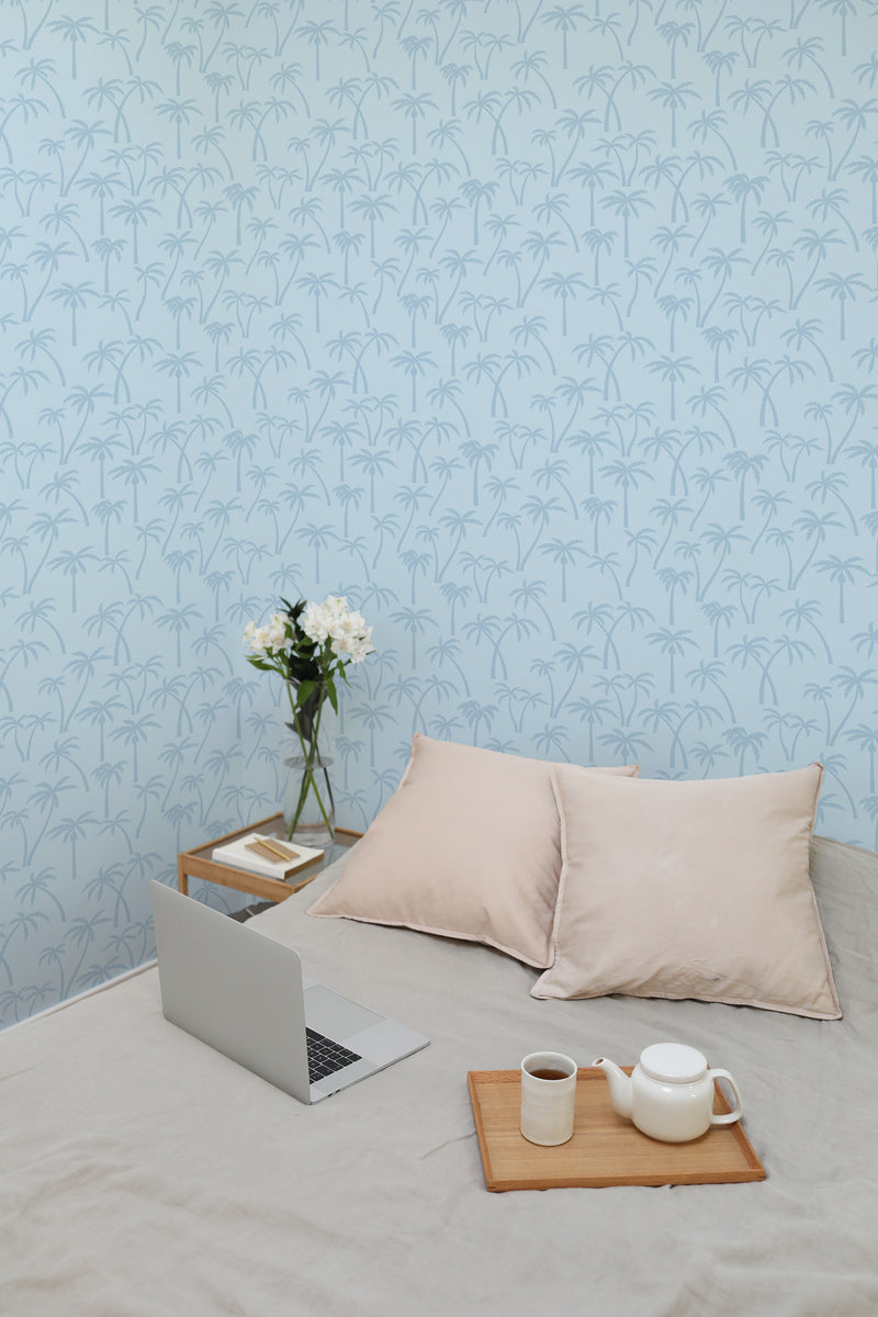 temporary wallpaper palm beach pattern cozy romantic bedroom interior