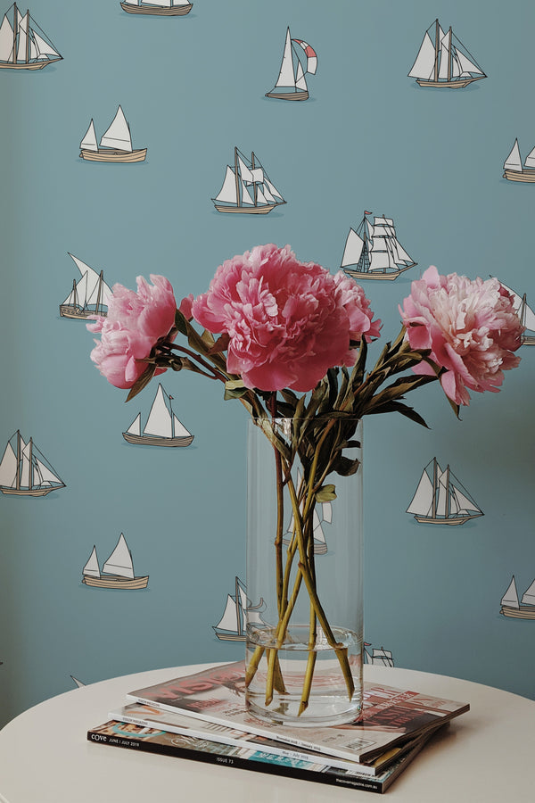 peonies magazines coffee table modern interior sailboats wall paper peel and stick