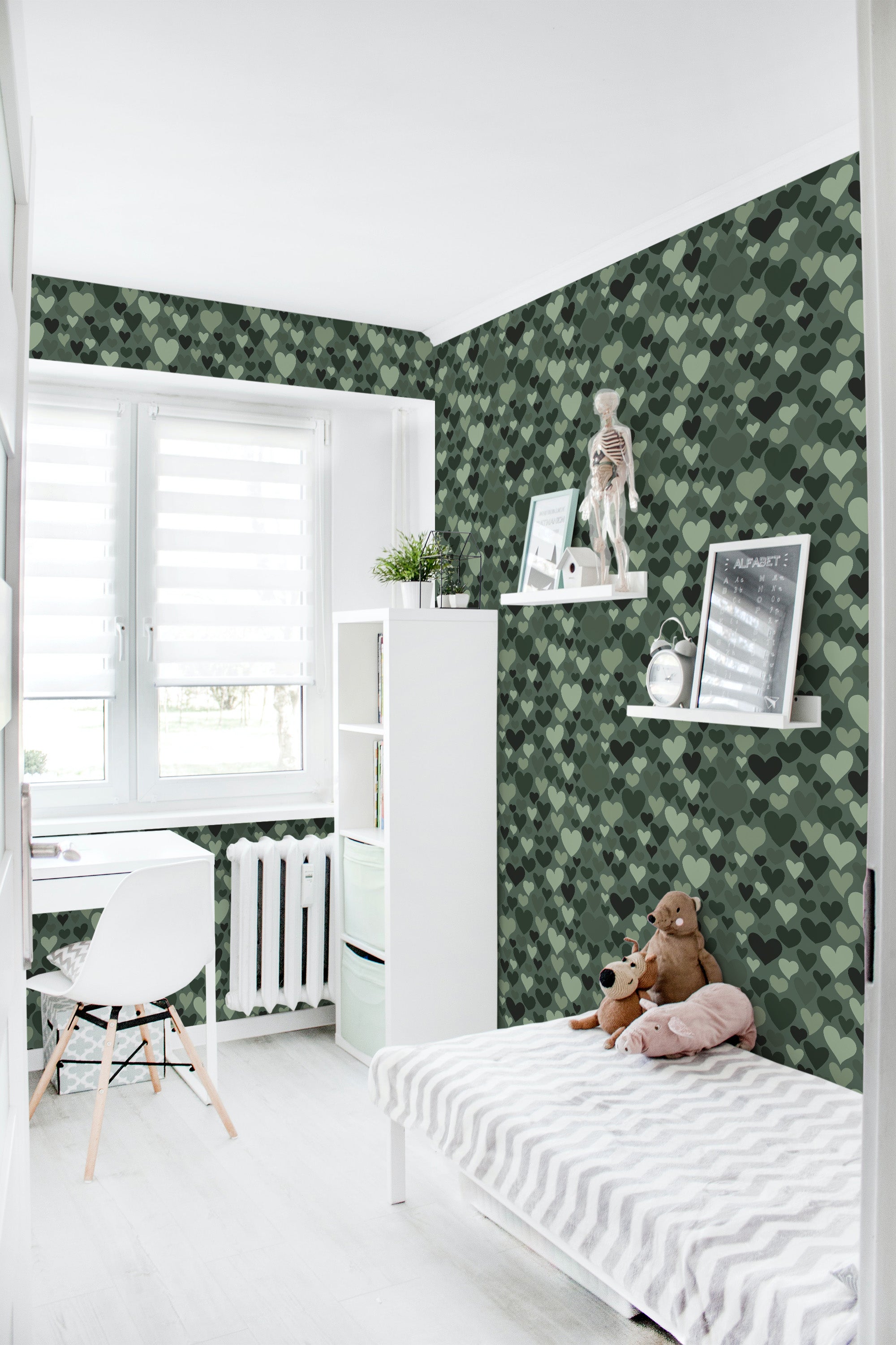 Green hearts wallpaper with a repeating pattern of variously shaded green hearts on a dark background, creating a lively and cozy atmosphere in the room. Traditional wallpaper.