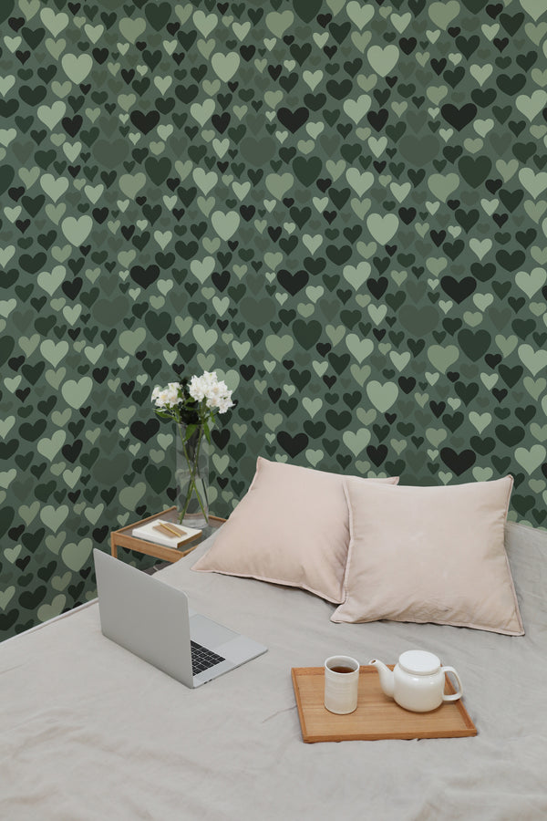 temporary wallpaper green hearts pattern cozy romantic bedroom interior