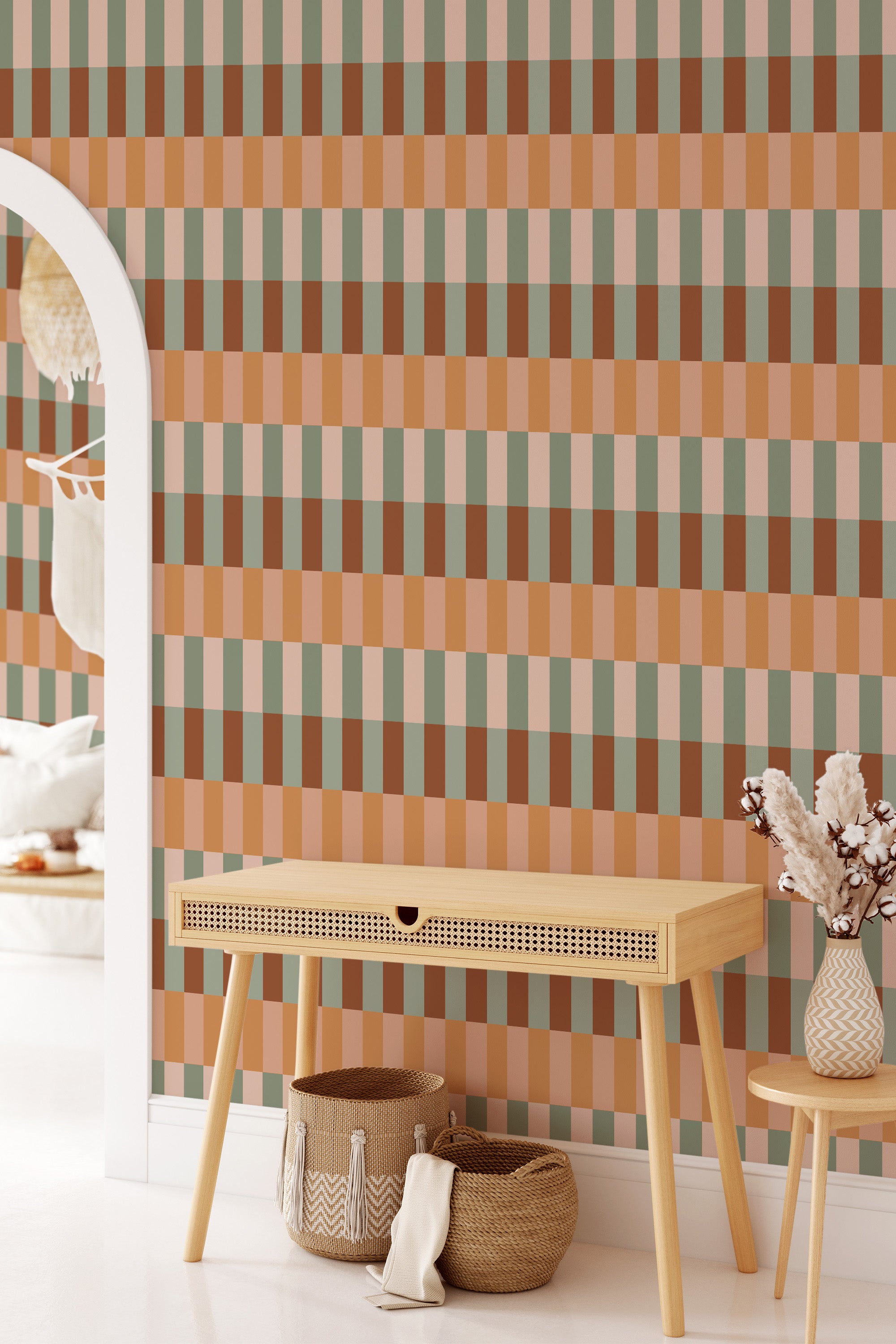 Wallpaper with a geometric design in earthy tones, including shades of peach, green, and brown. Vertical and horizontal rectangles form a modern, repetitive pattern, creating a warm and cozy atmosphere. Traditional wallpaper.
