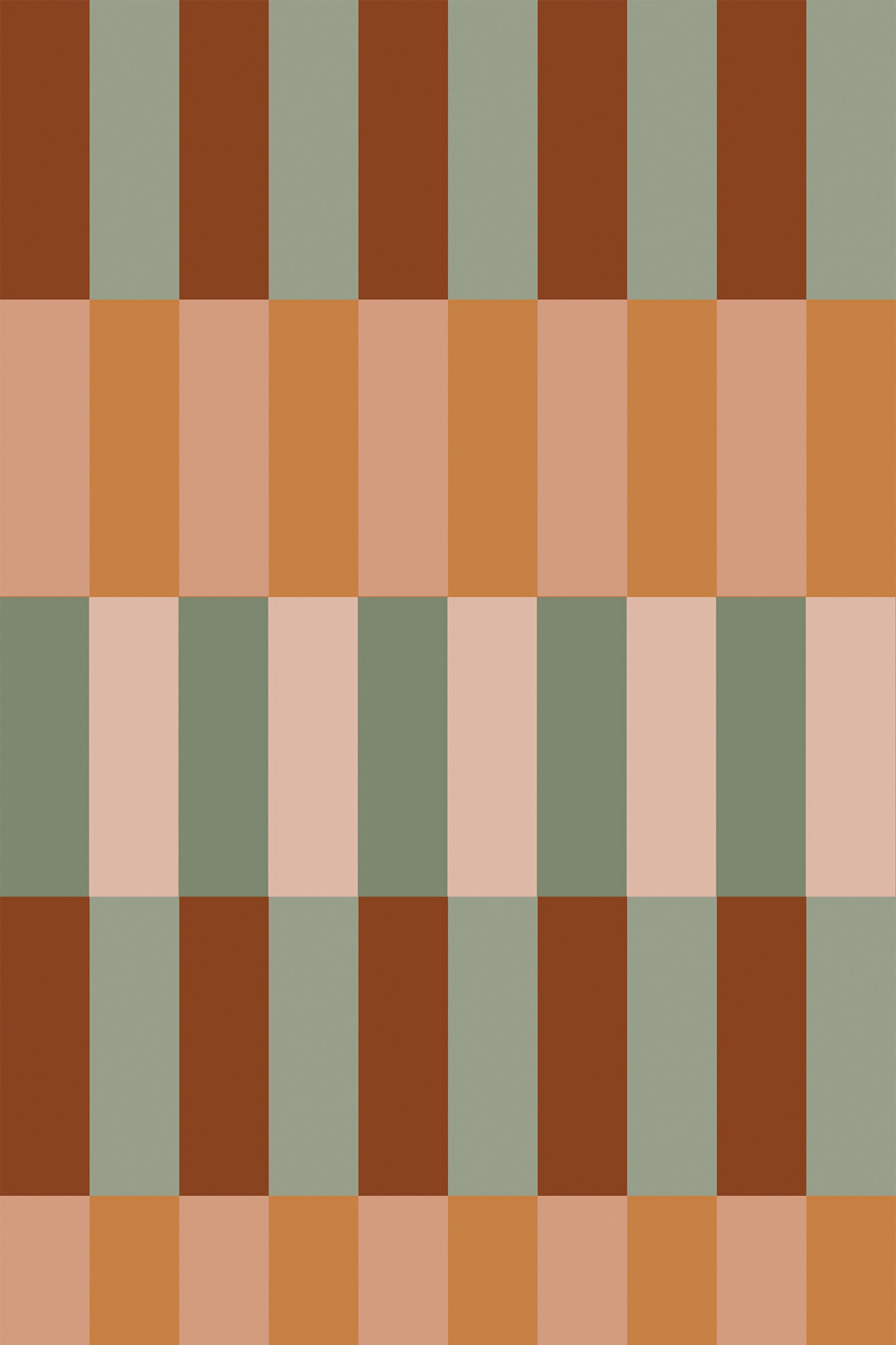 Alternating vertical stripes of warm earthy tones, including terracotta, muted green, and beige, form a repeating geometric pattern with a checkerboard-like appearance. Peel and stick removable wallpaper.